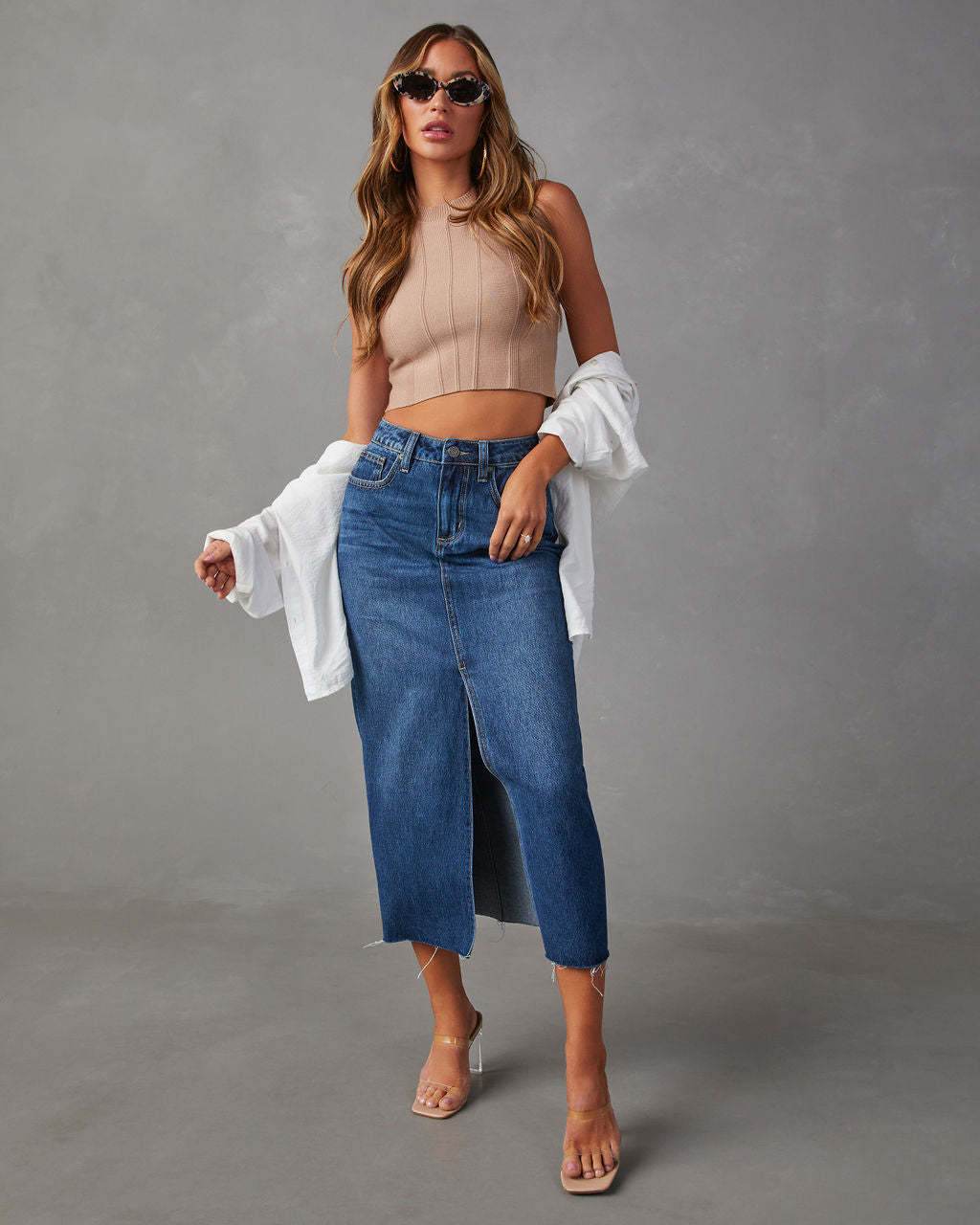 Women's Fashion Slimming front split Midi Denim Skirt