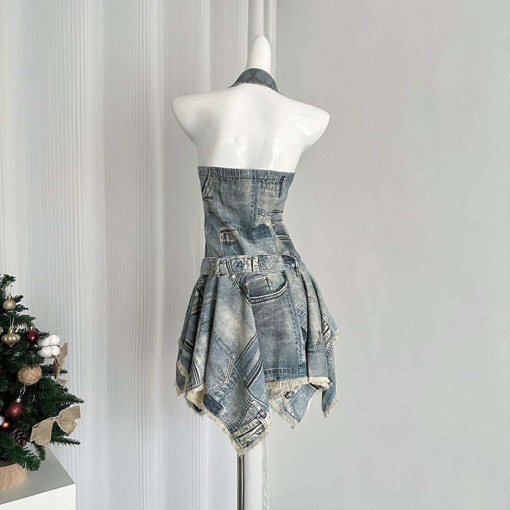 Waist-tight Halter Denim Dress Women's Distressed Retro Slimming Skirt