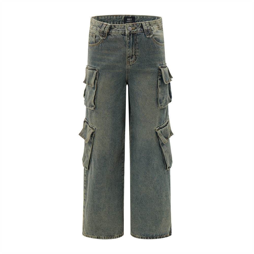 Punk Distressed Washed Denim Jeans Cargo Pant  Men