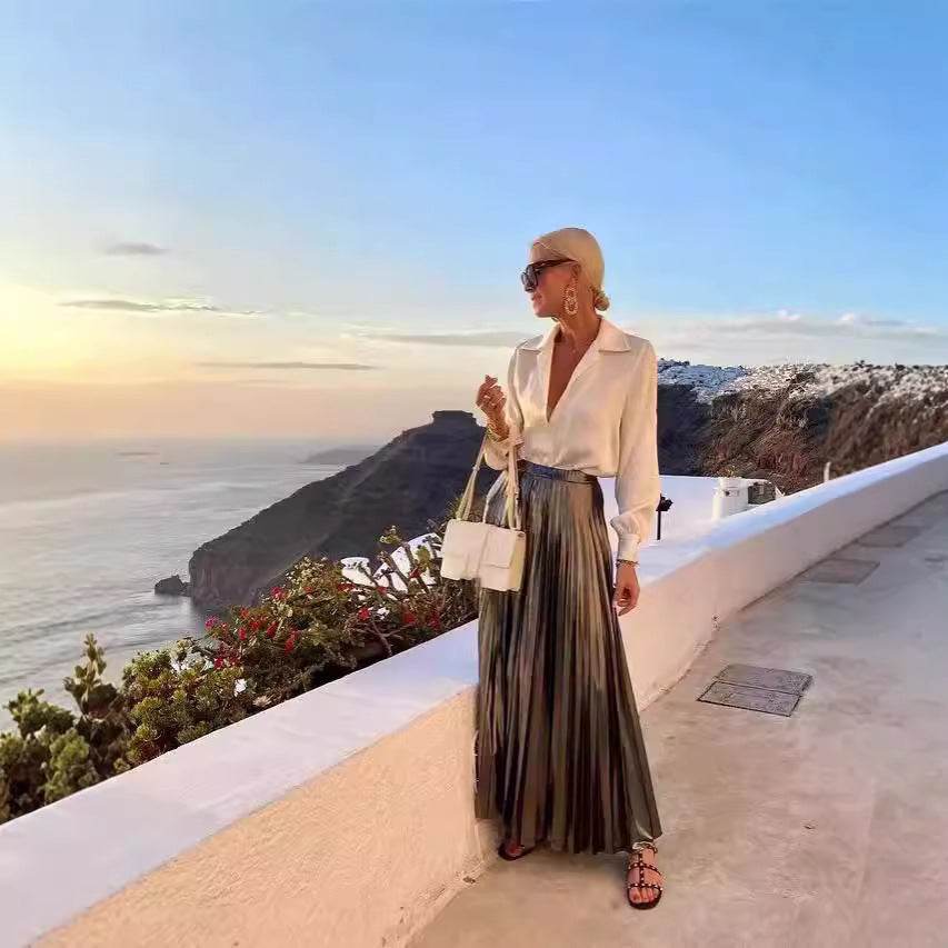 Satin Long Sleeve Shirt & Glossy pleated maxi Skirt 2pcs