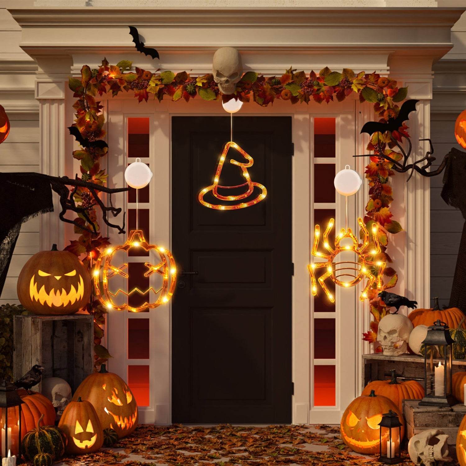 Set Of 3 Pack Halloween Window Light Spider Witch Hat Pumpkin With Orange Light Hanging Halloween Decoration Light With Suction Cup Hanging Holes