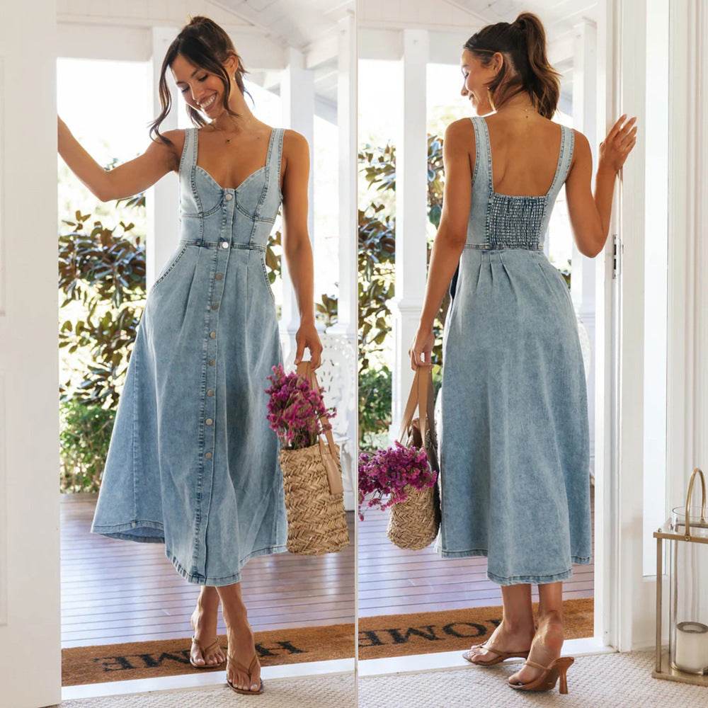 Women's sleeveless Denim Buckle Strap Midi maxi Dress