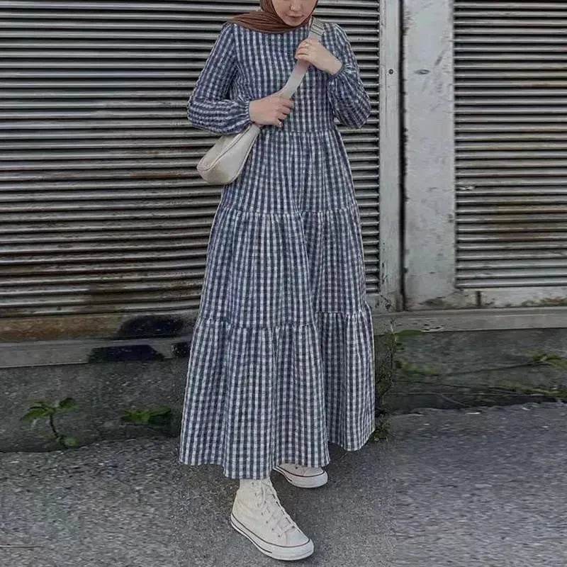 Middle East Plaid Long Sleeve Elastic Sleeve Round Neck Loose Waist Casual Dress Checked Casual dress for Arabfor Women