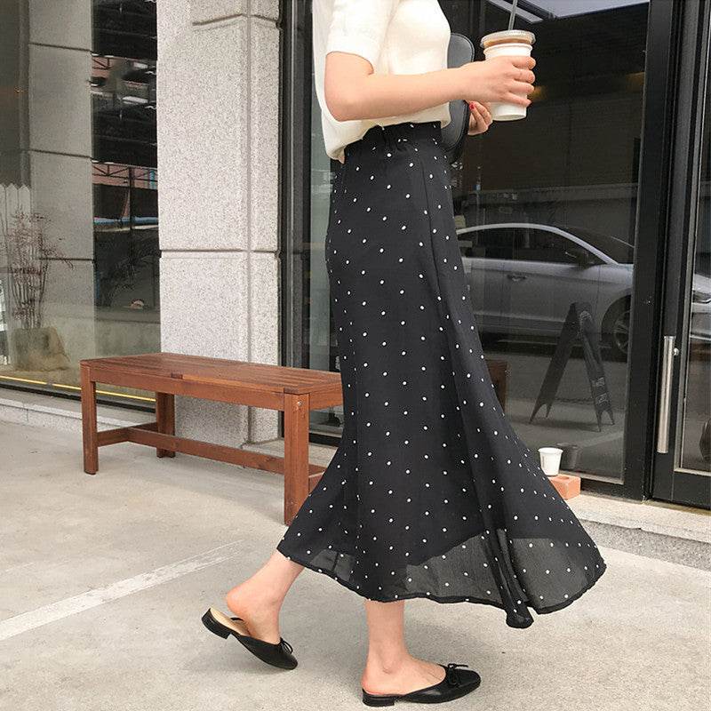 Polka dot High waist Chiffon Flowy Midi skirt women