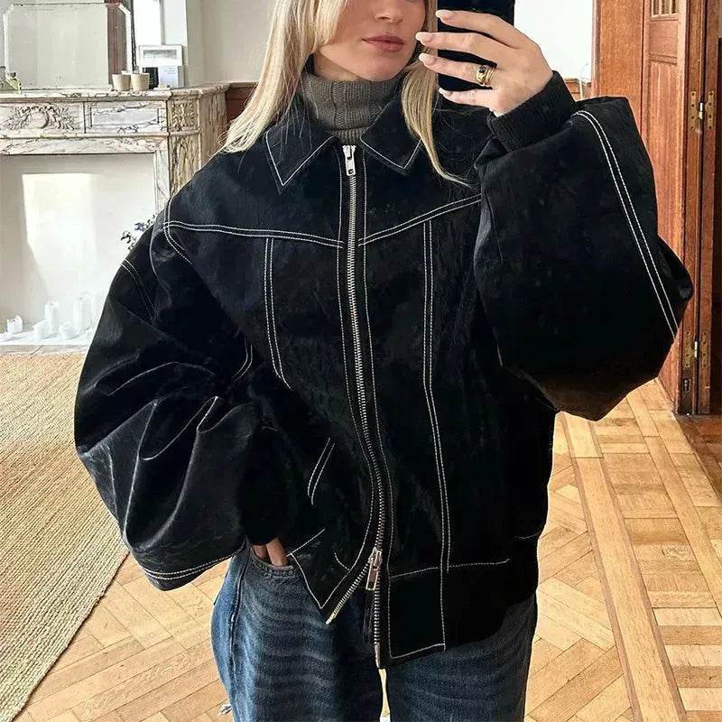 Oversized Fashion Zip-up Lapel Leather Jacket for women