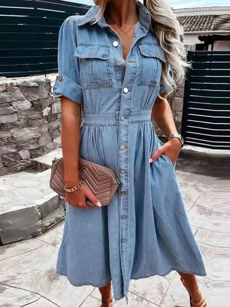 Women's Lapel Breasted Slim-fit Slimming Temperament Blue Denim Midi Skater Dress