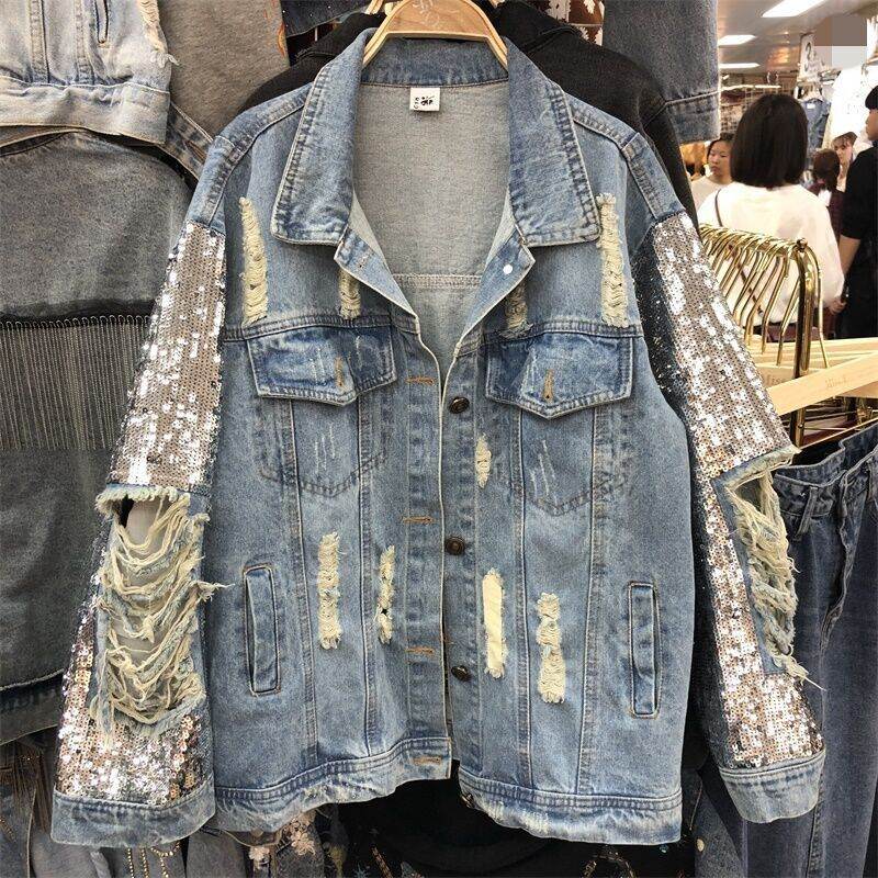 Street Fashion Heavy Industry lose Ripped Sequined Sleeve Denim Jacket Women