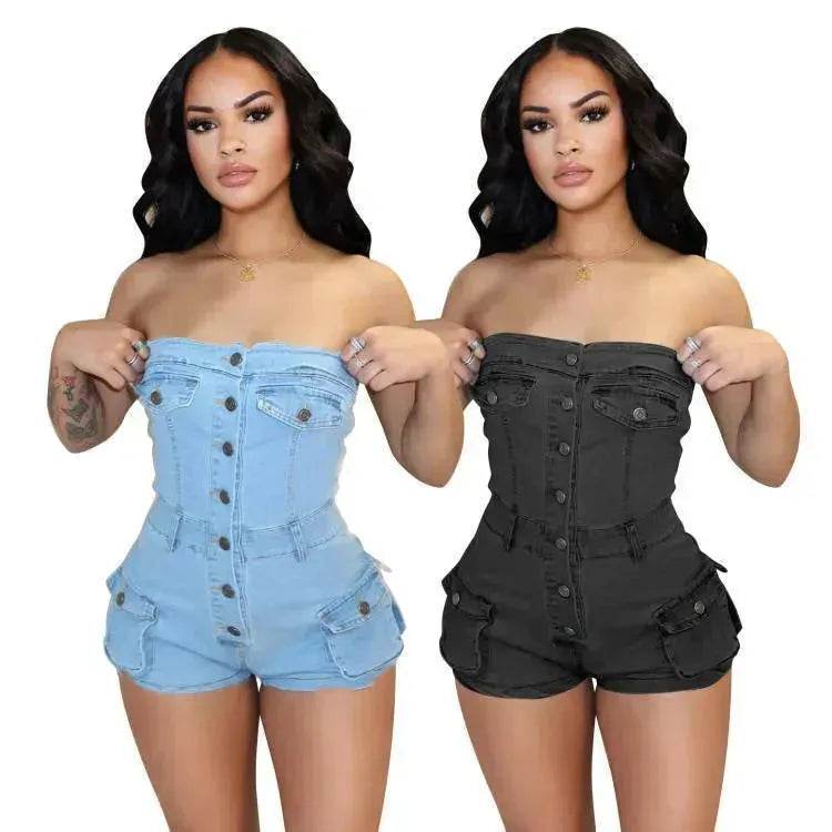 Women Denim Tube Romper Jumpsuit Strapless Bodycon Denim Short Jumpsuit