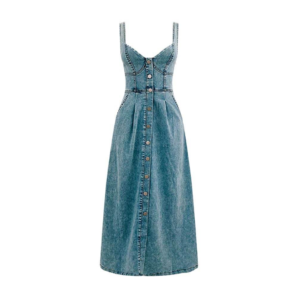Women's sleeveless Denim Buckle Strap Midi maxi Dress