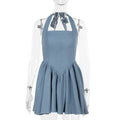Women sleeveless Sling Waist jeans Denim Dress Backless halter neck flared mini dress