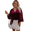 Elegant Fashion Sequined Long sleeve Suede V-neck Blouse top  women