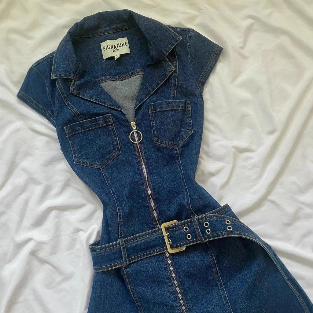 Women's Short Sleeve Bodycon Denim Mini Dress – Zip Front