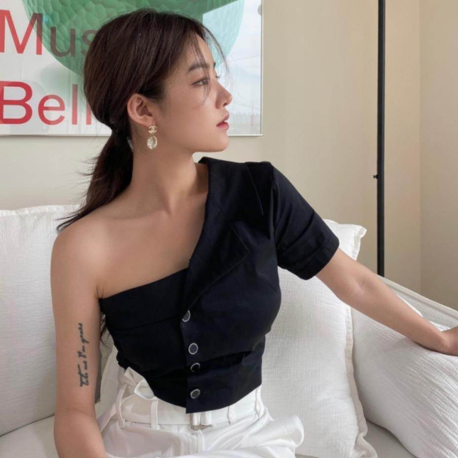 Summer Fashionable Irregular One-shoulder Design  Single-breasted blouse Shirt For Women