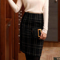High Waist Black Plaid Sheath A- Line Slimming Woolen Mini Sheath Skirt