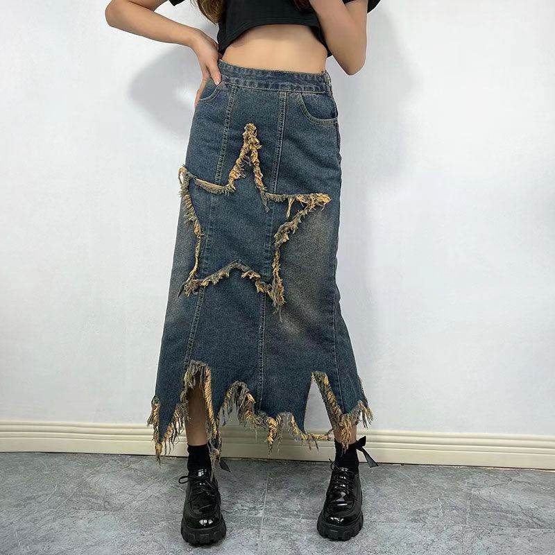 Women's American-style Retro High Waist Irregular Midi Denim Skirt