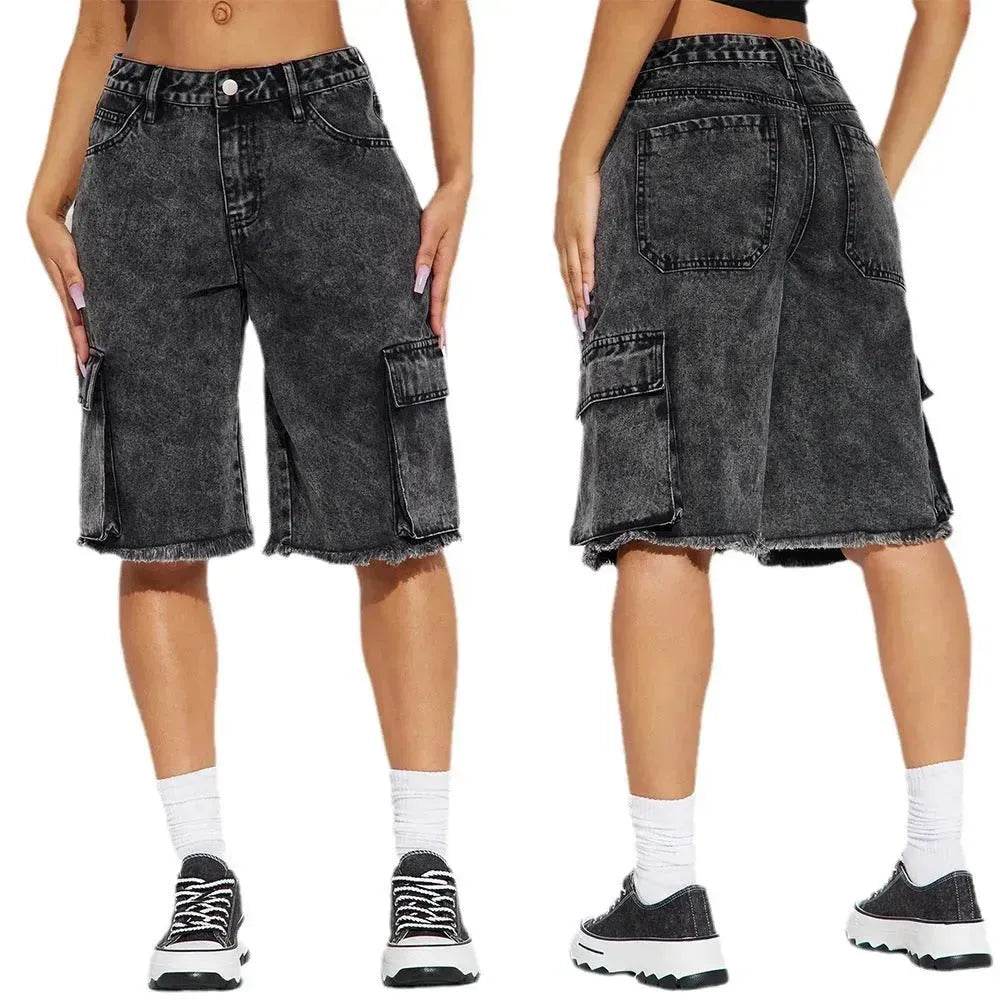 Fashion Street Washed Frayed Hem Women's Denim Straight Short Pants Black Jeans shorts for women
