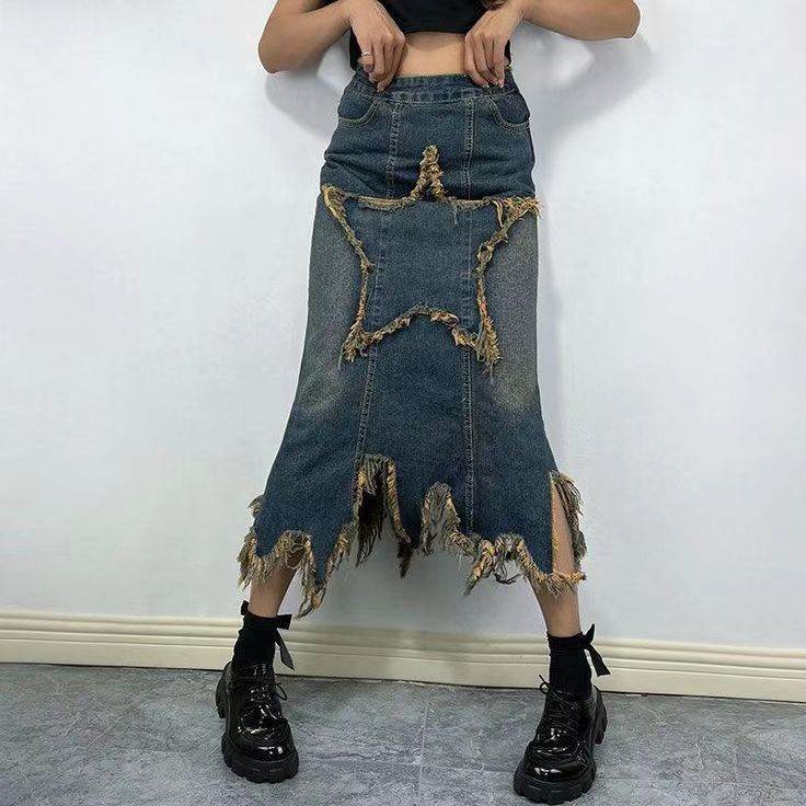Women's American-style Retro High Waist Irregular Midi Denim Skirt