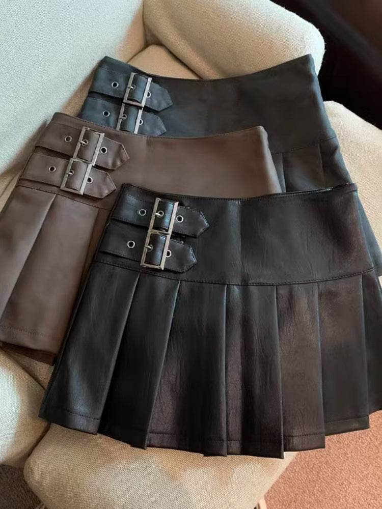 Women's American-style Vintage Mini  Pleated Leather Skirt