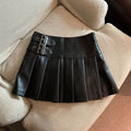 Women's American-style Vintage Mini  Pleated Leather Skirt