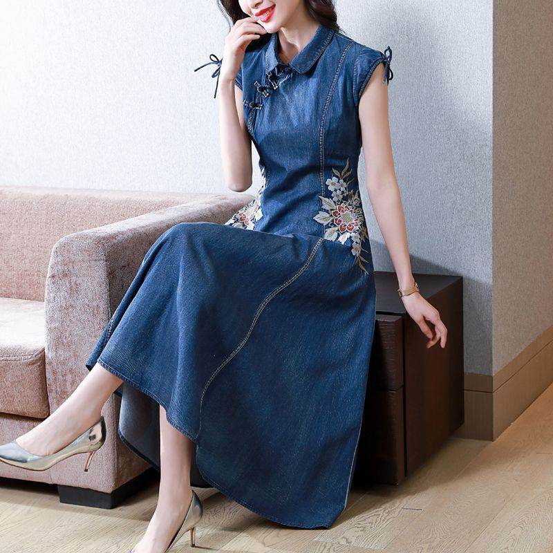 New Modified Version Denim Jeans Flared Midi Dress Female Machine Embroidery Retro
