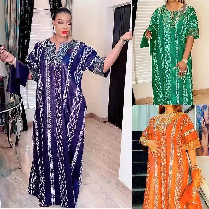 Middle East Striped Loose Robe African Dubai Arabic Satin Hot Drilling Stitching Abaya Buba Dress