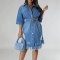 Women's Fashion 3/4 sleeve Mid Length loose Denim Jeans Dress