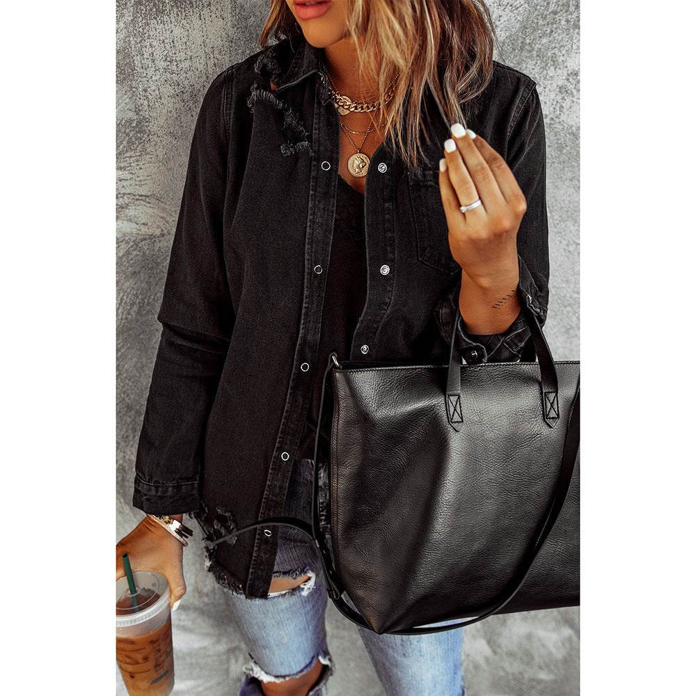 Long Sleeve Jeans Jacket Loose Fit Mid-Length Black