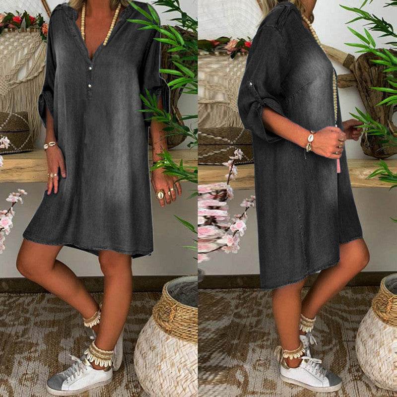 Casual Half Button Mid-sleeve loose Washed denim dress