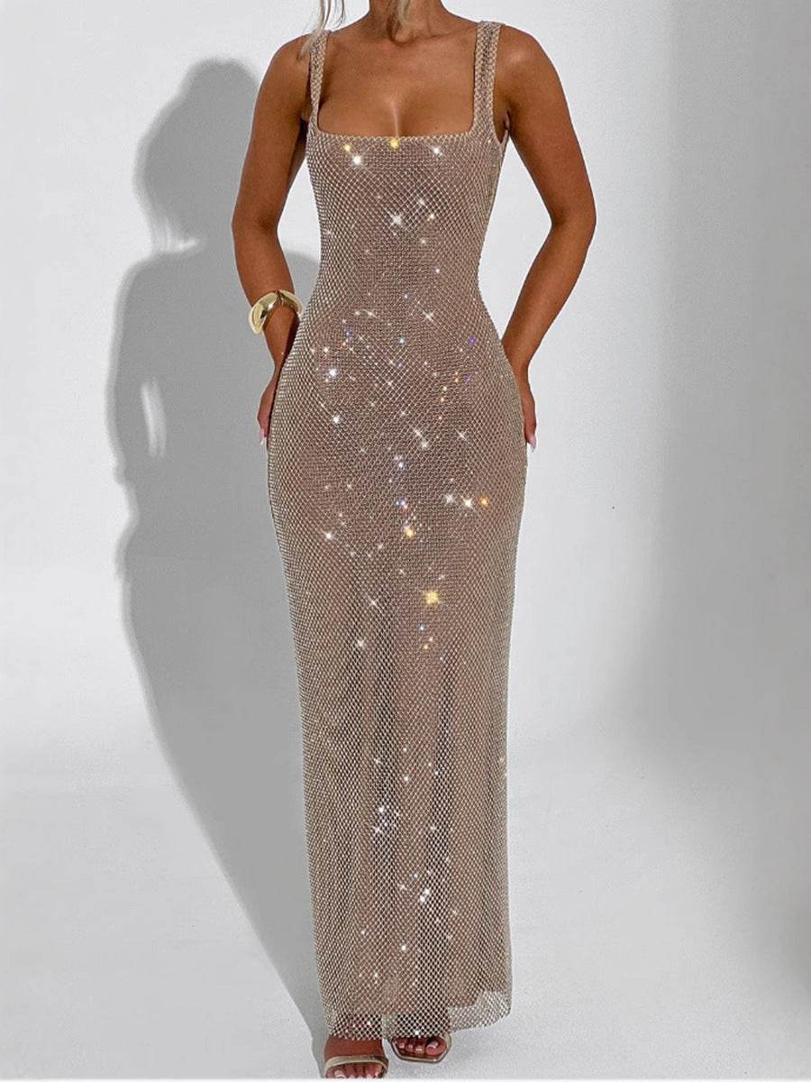 Sleeveless Square neck Suspender Sequined Long Party Dress