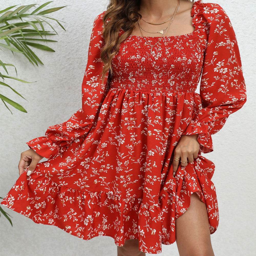 Casual Spring And Summer lantern Sleeve floral Mini Dress