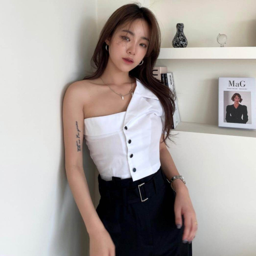 Summer Fashionable Irregular One-shoulder Design  Single-breasted blouse Shirt For Women