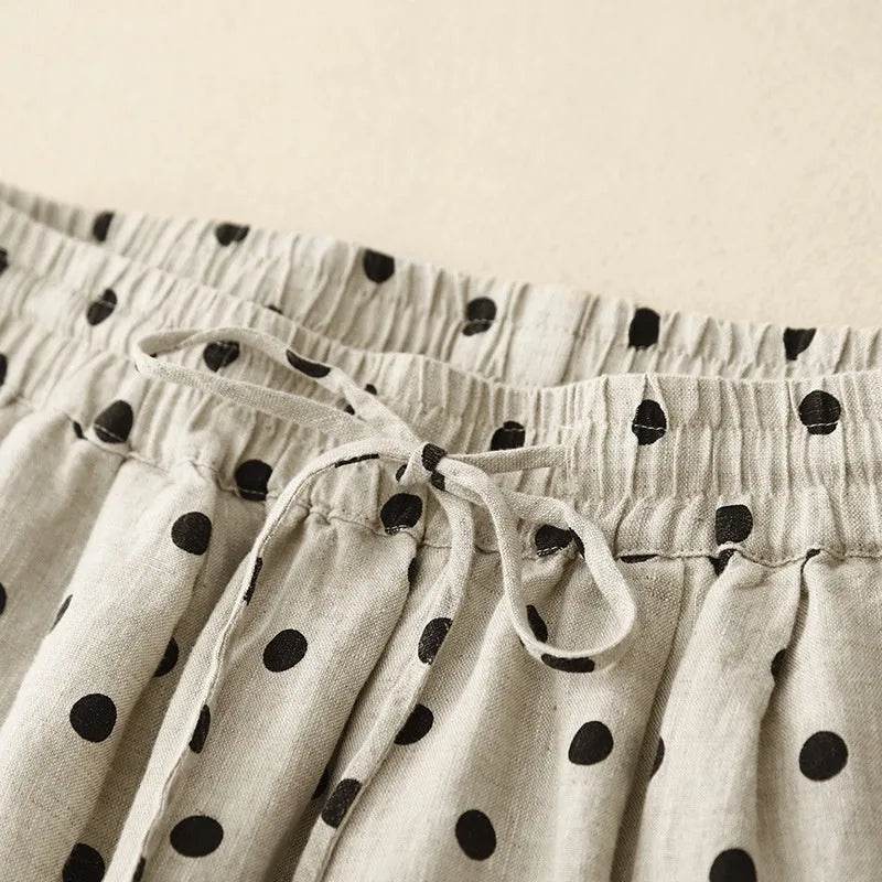 Women's Cotton Linen Harem Pants – Polka Dot Wide Leg Elastic Waist Boho Trousers