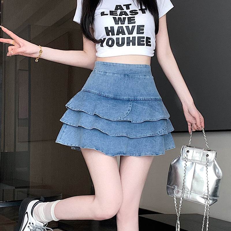 Elastic Jeans High Waist Layer  Denim short mini flare skirt