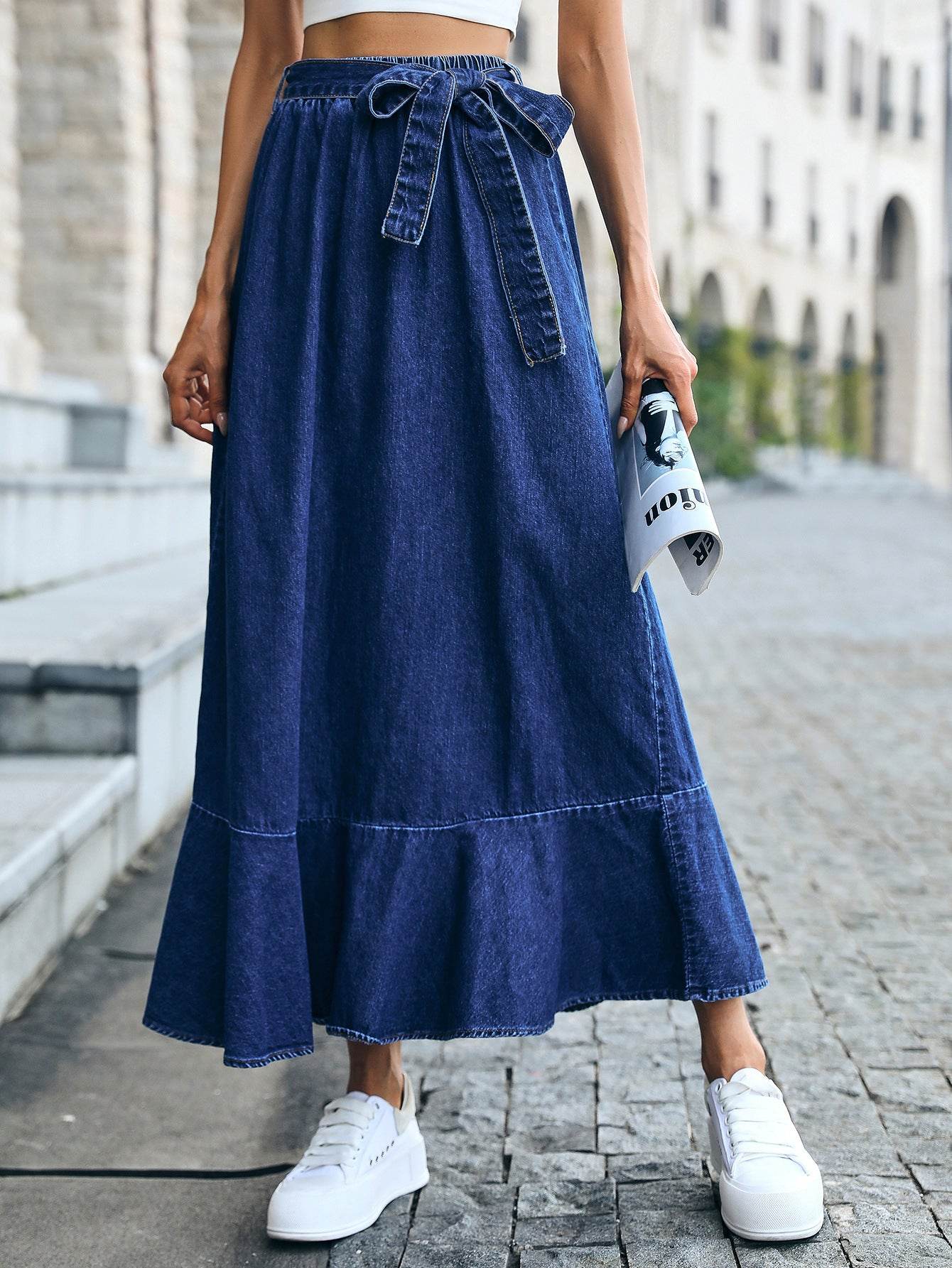 Ladies Fashion Casual Ruffled Blue Denim Maxi Skirt Women