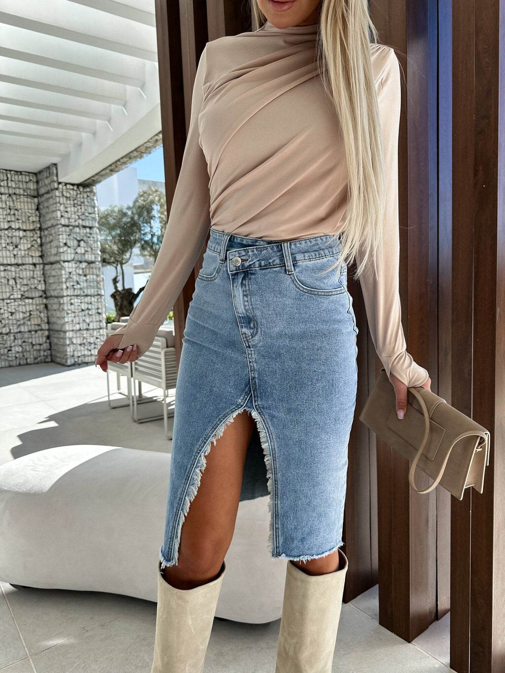 Fashion Solid Front Split Midi Denim Skirt