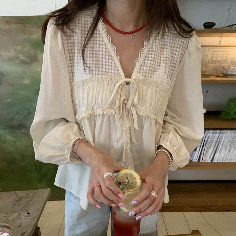 Casual Spring Summer New Retro Elegant V-neck Linen everyday blouse top
