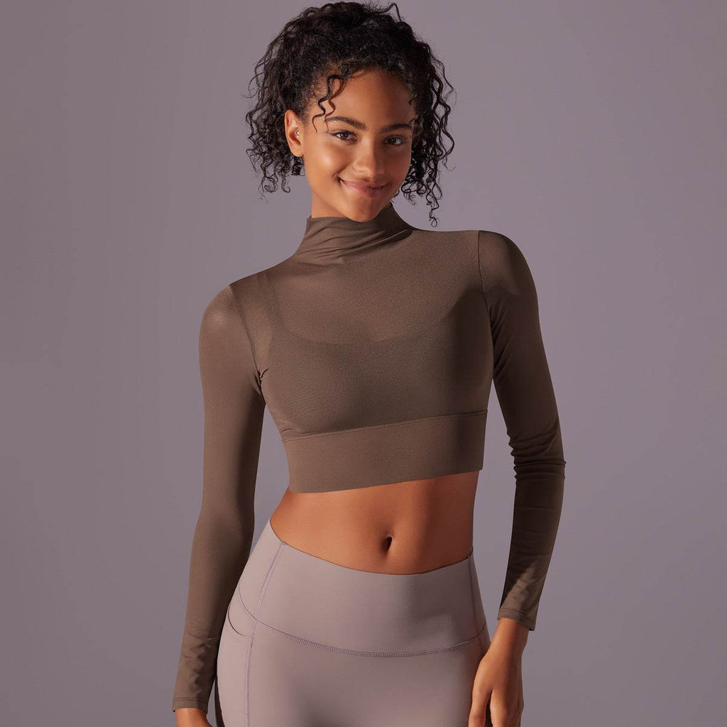 Quick Drying Gym Slim Fit Mesh Turtleneck Long Sleeve Workout Crop Top