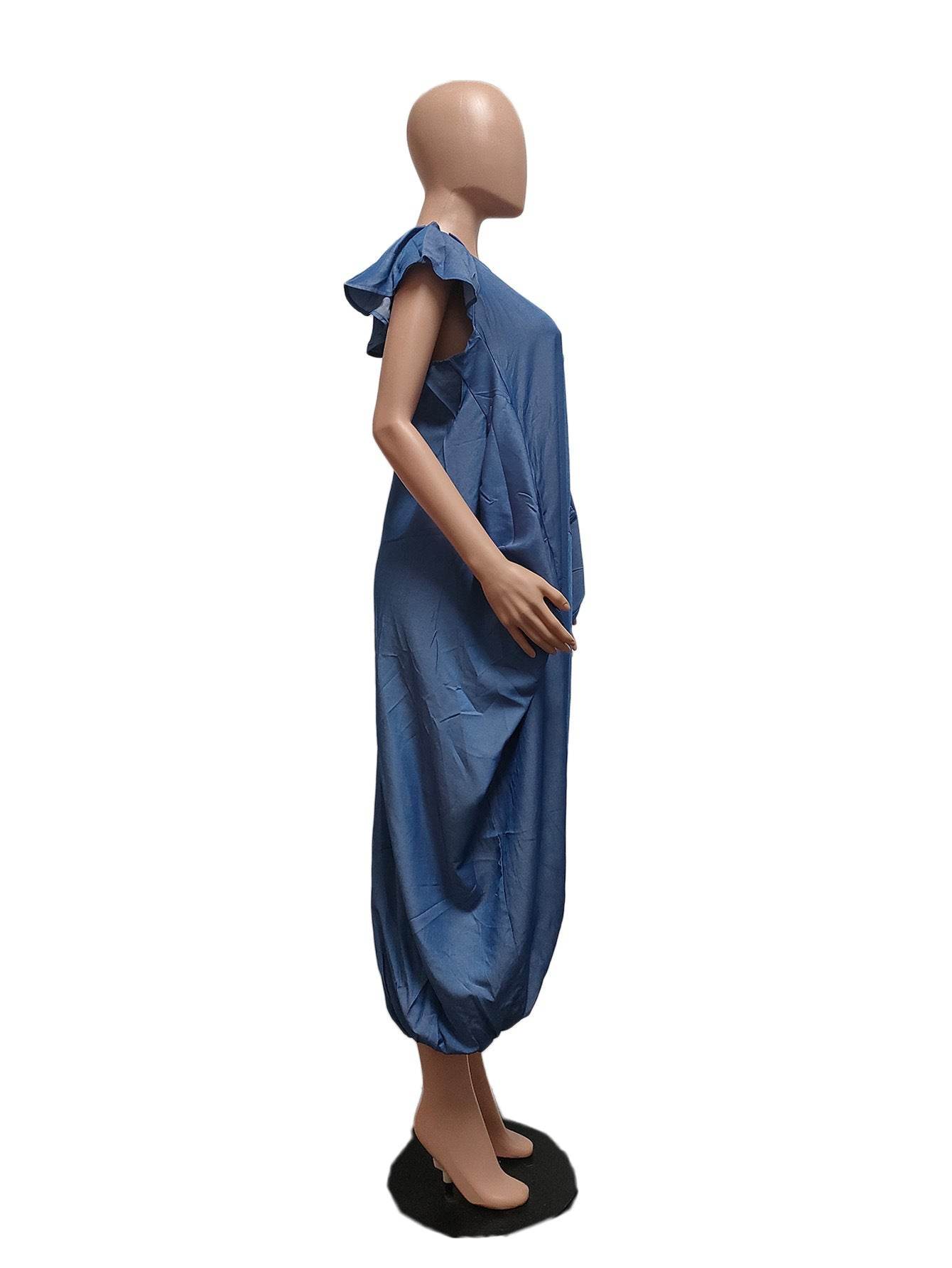 Fashion Faux Denim Large Pocket Loose Dress
