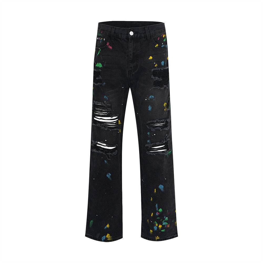 Ripped Paint Wide-leg Denim Trousers For Men Jeans