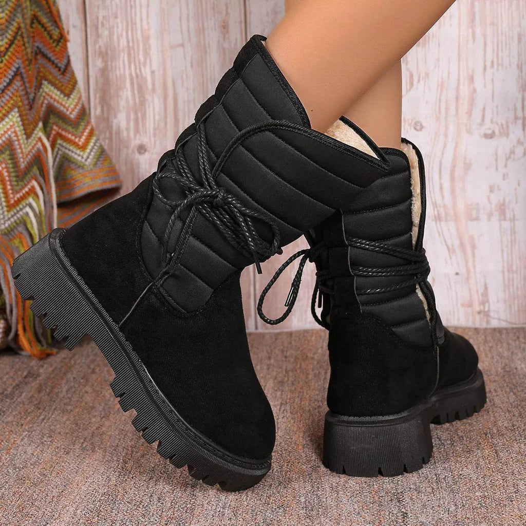 New Chunky Heel Mid-tube Snow Boots Winter Warm Fleece Boot With Lace-up Design Fashion Casual Shoes For Women