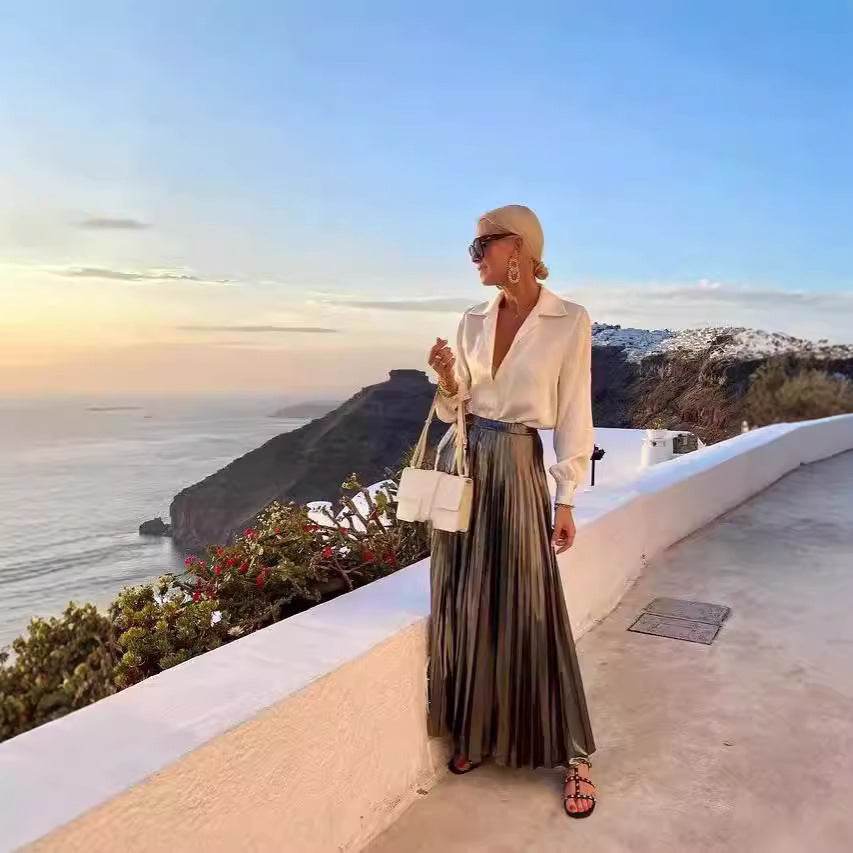 Satin Long Sleeve Shirt & Glossy pleated maxi Skirt 2pcs
