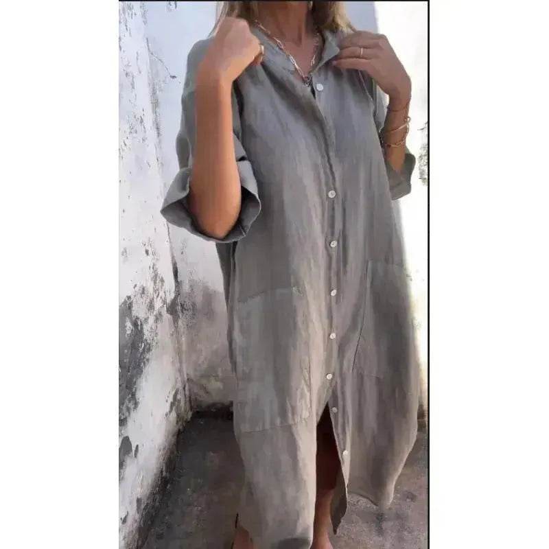 Women's Cotton Linen Shirt Dress – Loose Casual Button-Down A-Line Dress