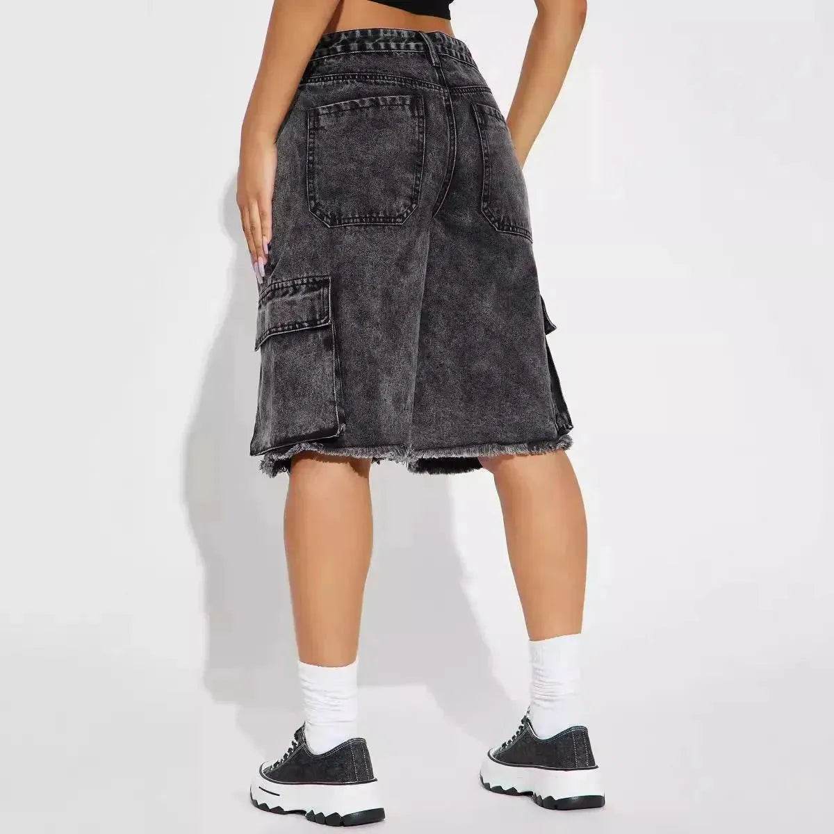 Fashion Street Washed Frayed Hem Women's Denim Straight Short Pants Black Jeans shorts for women