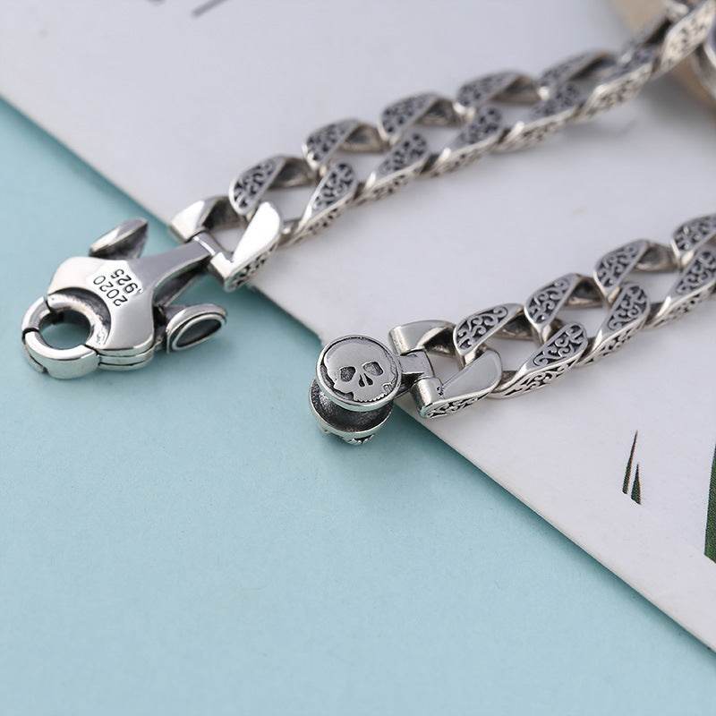 Sterling Silver Ornament Men's Trendy Rotating Skull Retro Fashion Tang Grass Pattern Bracelet