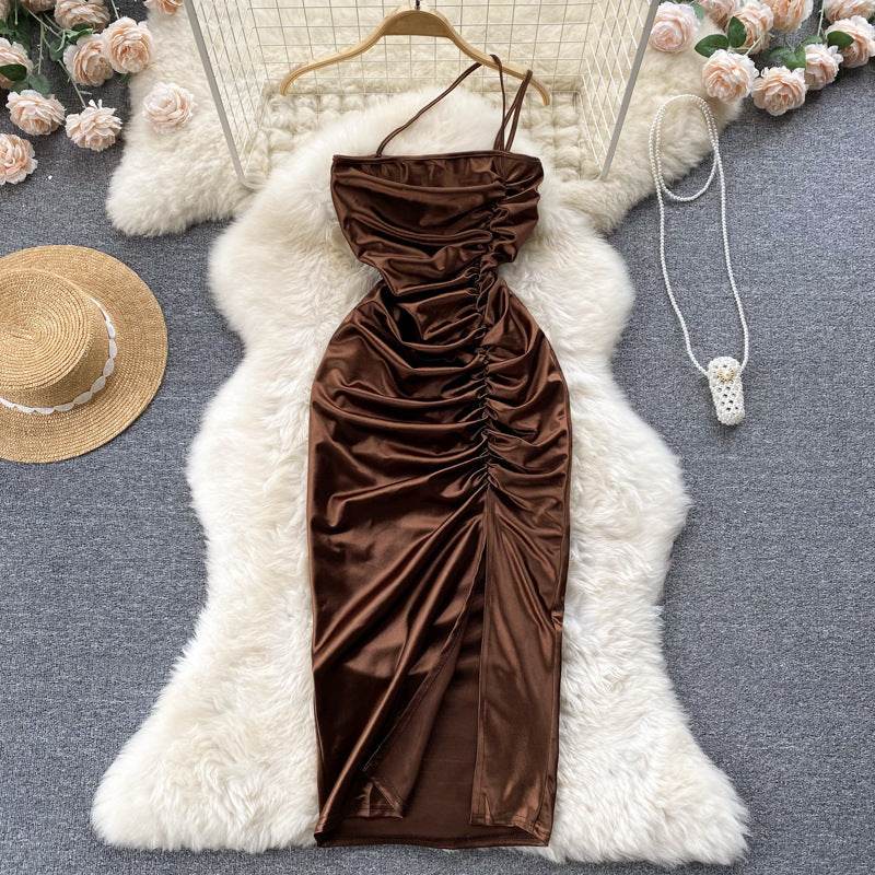Elegant Women Sleeveless One shoulder Drawstring Satin Dress for Party, Wedding, Cocktail