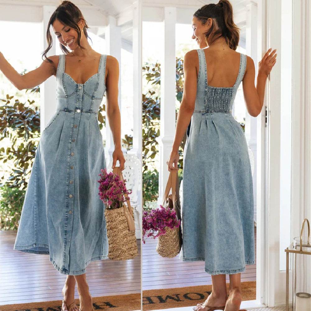 Women's sleeveless Denim Buckle Strap Midi maxi Dress