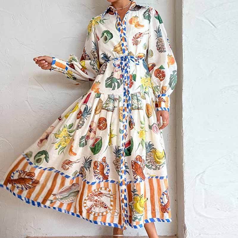 Floral Print Beach Dress – Women's Lantern Sleeve A-Line Midi Dress