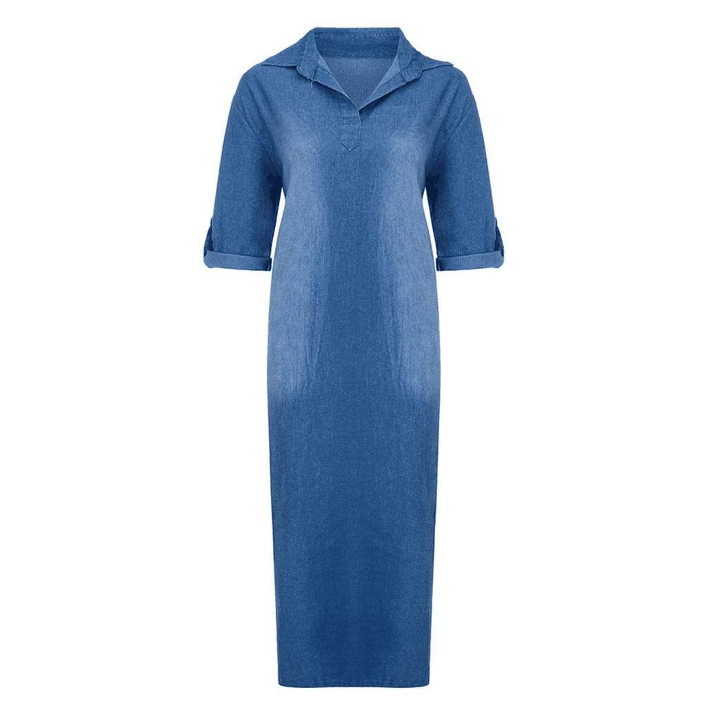New washed denim dress Side Split Loose Mum Long Jeans Dress