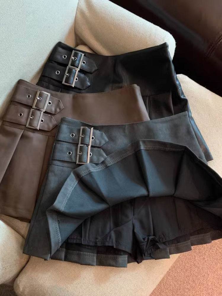 Women's American-style Vintage Mini  Pleated Leather Skirt