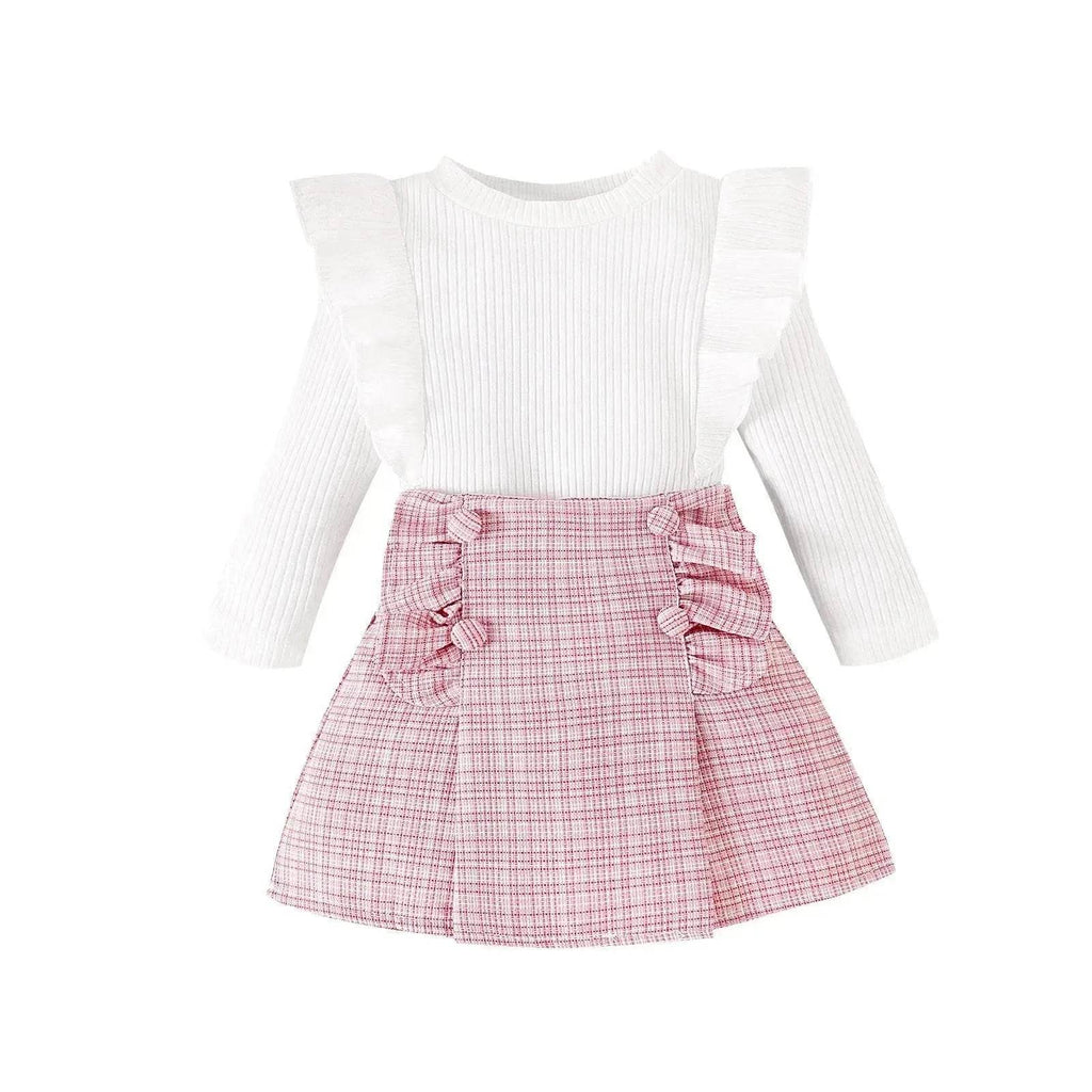 Newborn baby girl Cross-border Sunken Stripe Long Sleeve Classic Style Plaid Short Skirt Two-piece Set for baby girl